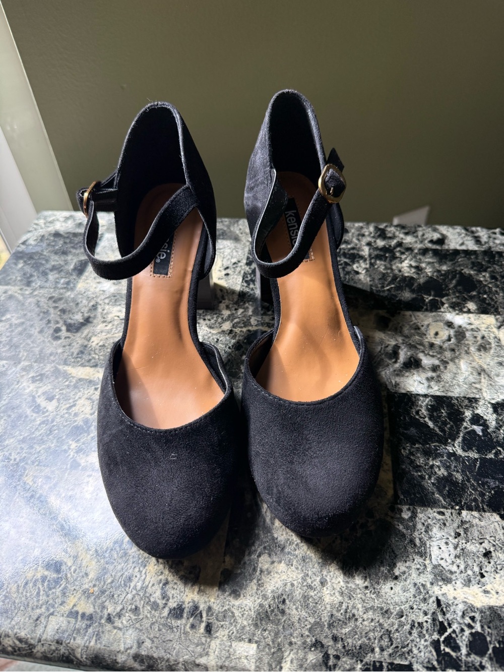 Kensie Black Suede Ankle-Strap Block Heels with Gold Buckle